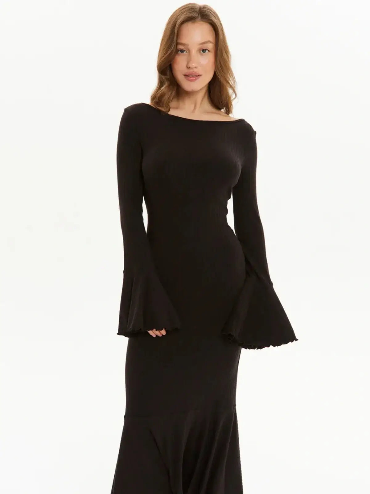 Black midi dress with a boat neckline and flared sleeves, perfect for formal occasions and party wear.
