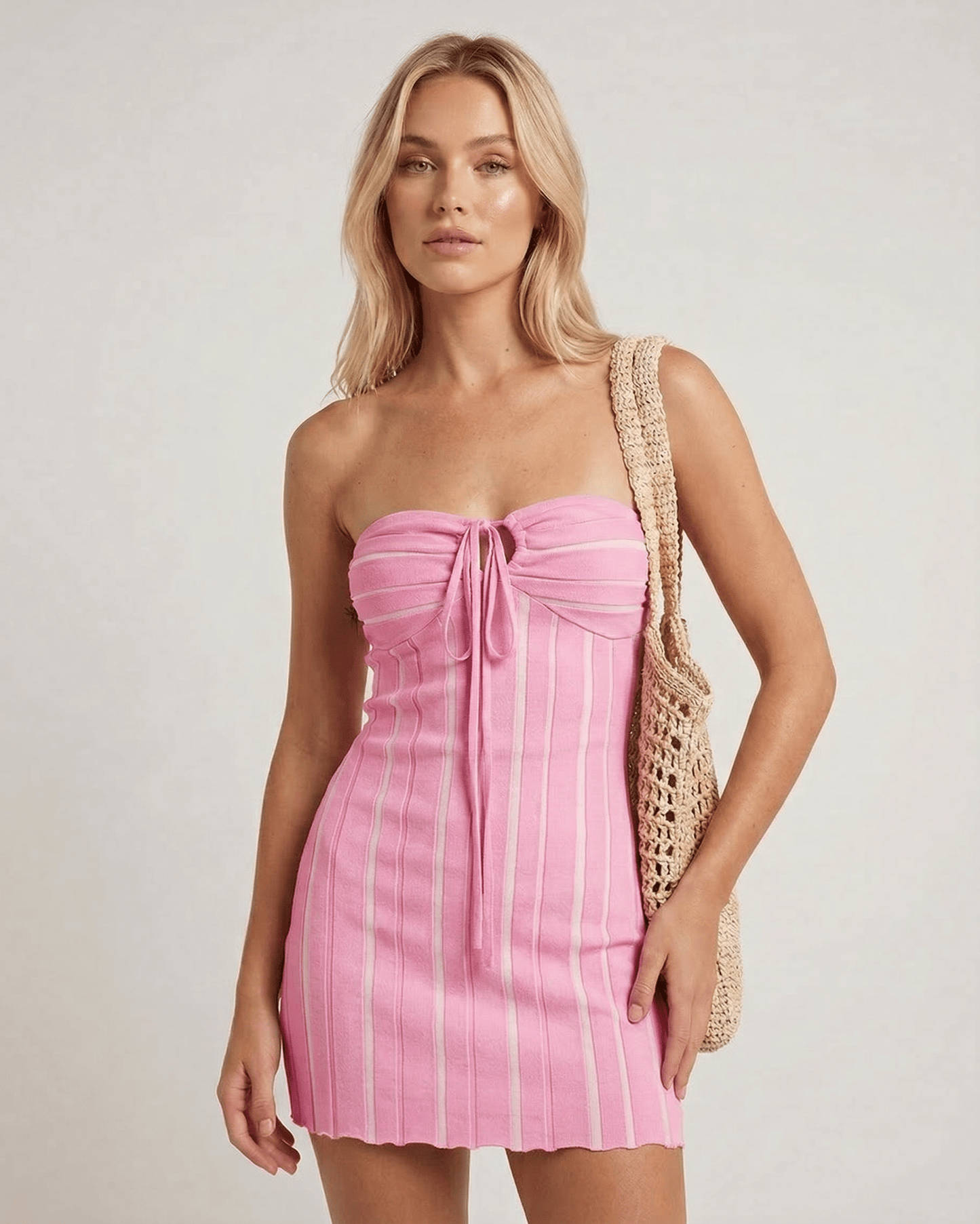 Mila Mini Dress by Lauven, soft pink knitted halter neck mini dress with ribbing and adjustable tie detail.