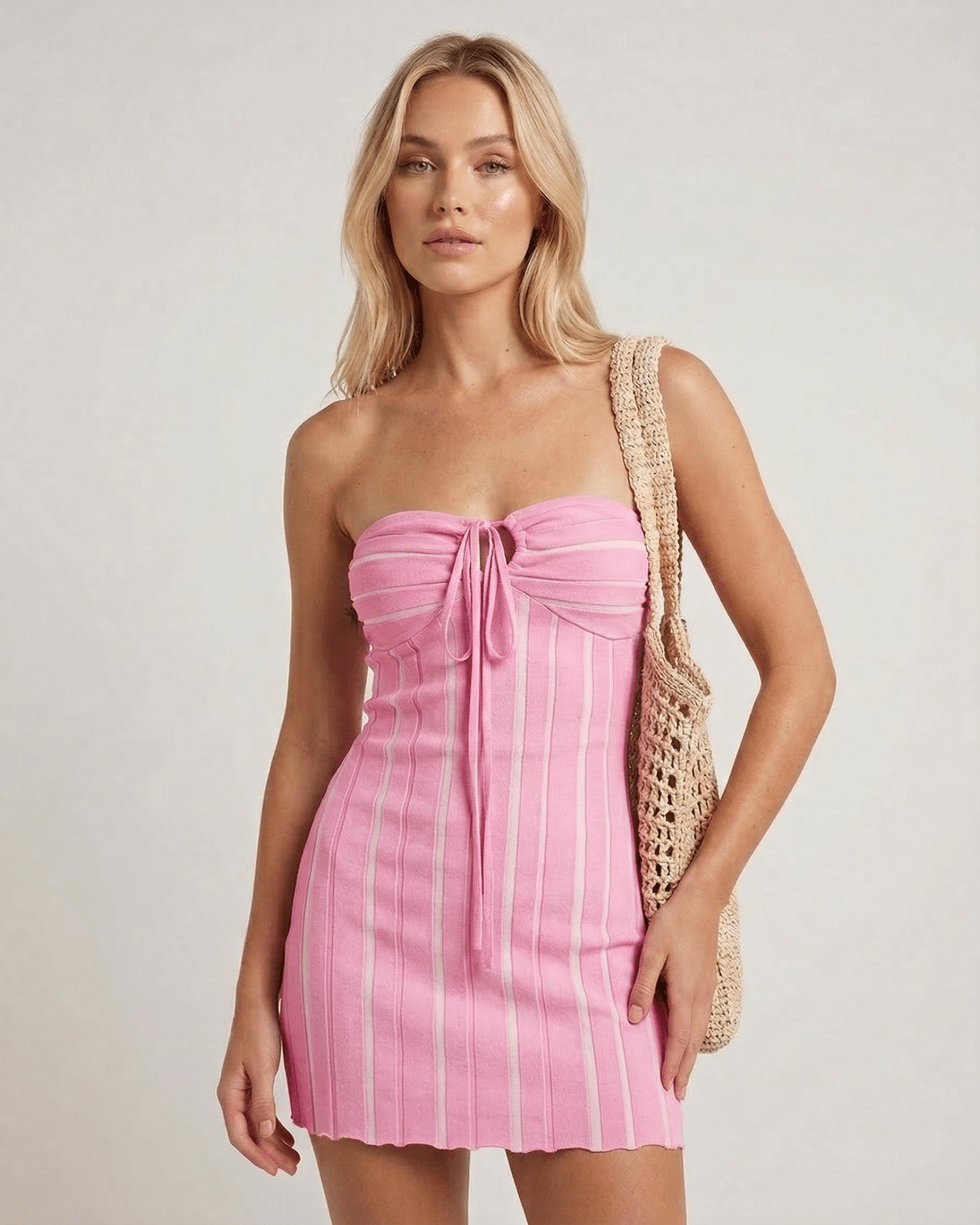 Mila Mini Dress by Lauven, soft pink knitted halter neck mini dress with ribbing and adjustable tie detail.