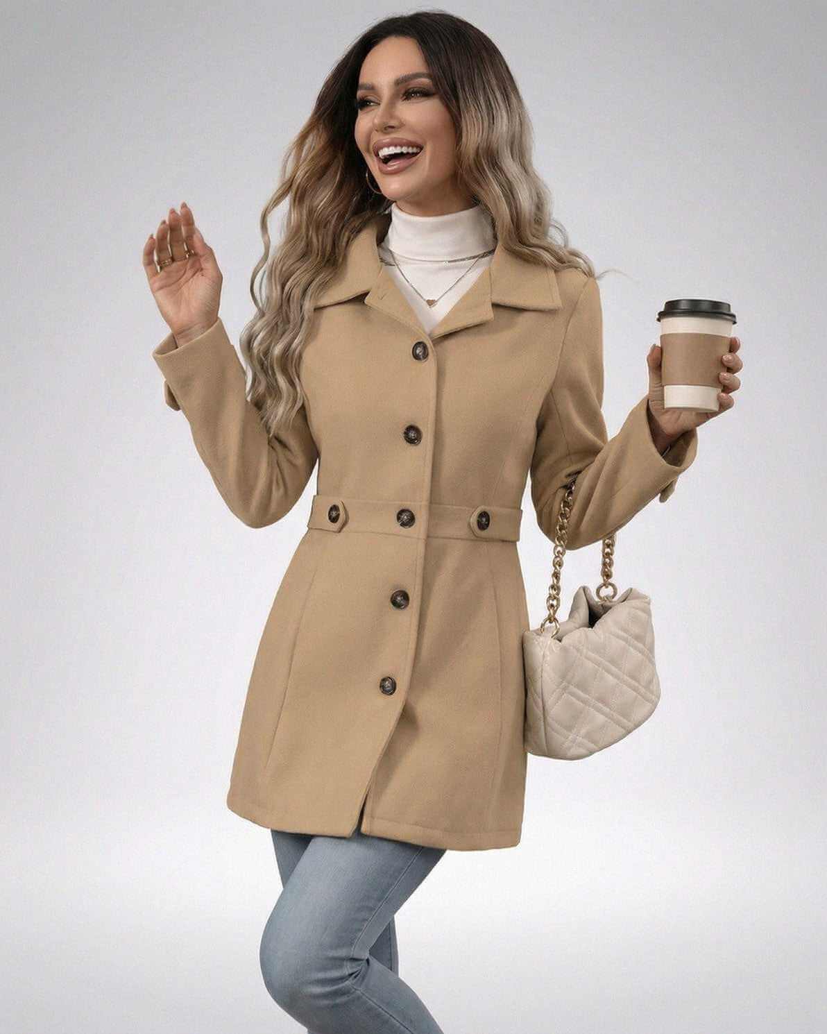 Milano Jacket by Lauven - Women’s beige jacket with slim fit tailored design, perfect for a polished everyday look.