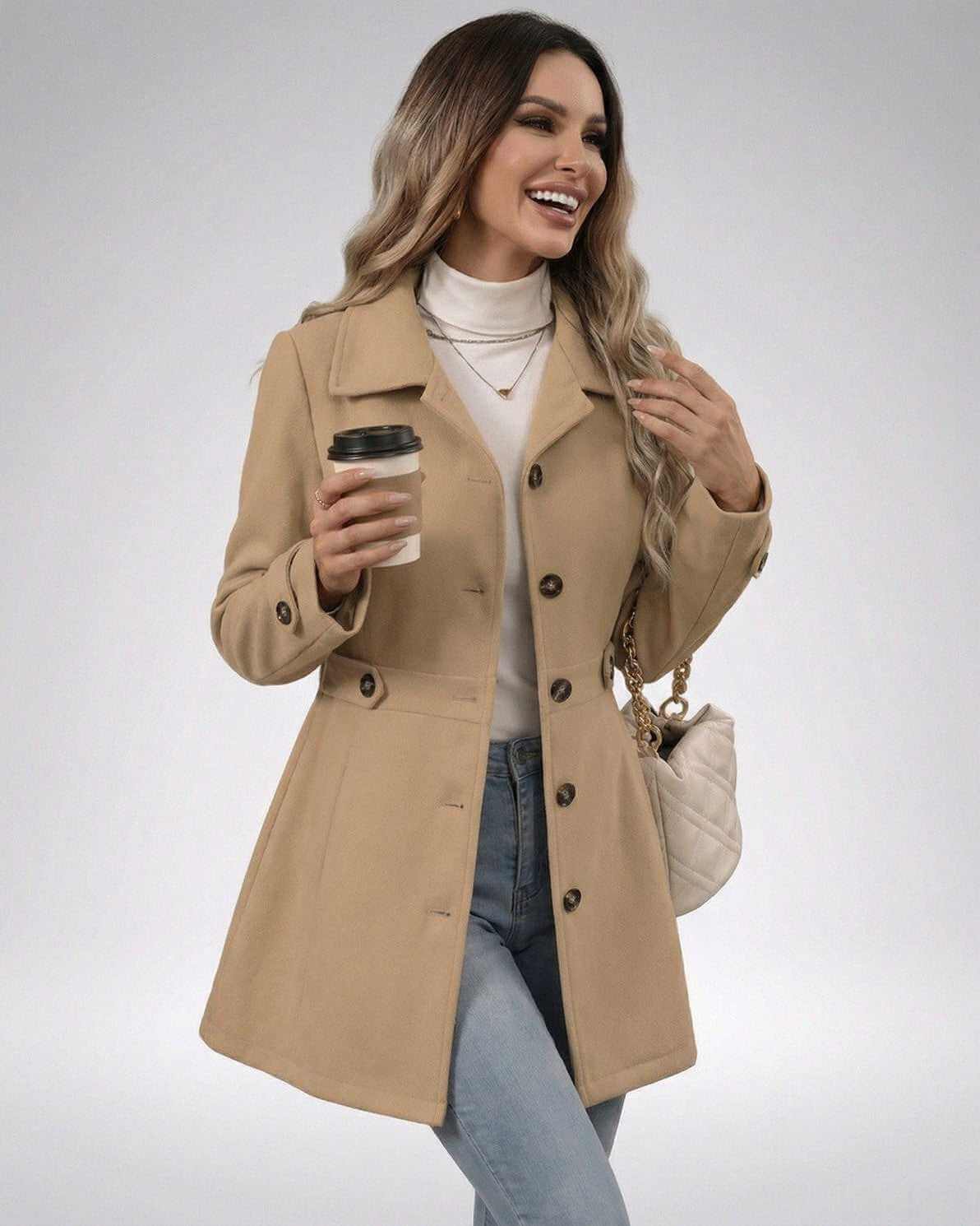 Milano Jacket by Lauven, women's beige jacket in slim fit tailored design, perfect for a polished everyday look.