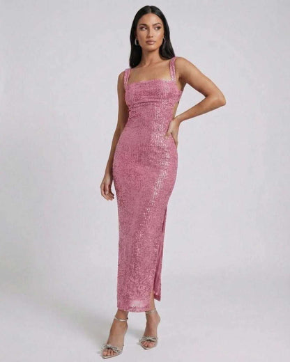 Lauven Mira Midi Dress in Pink sequined elegance with backless detail and chic square neckline.