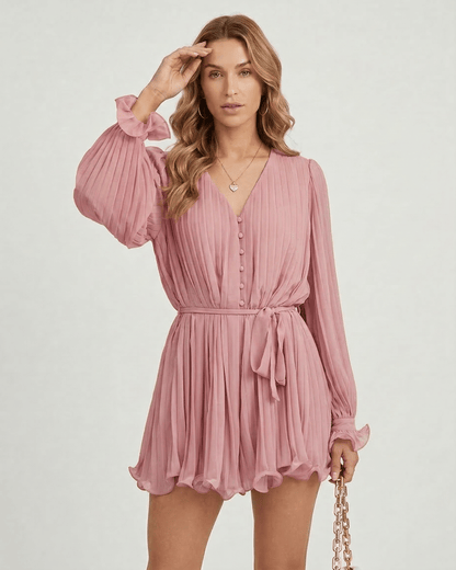 Mirabel Mini Dress by Lauven in romantic dusty rose pleated chiffon with flowing fabric and elegant style.