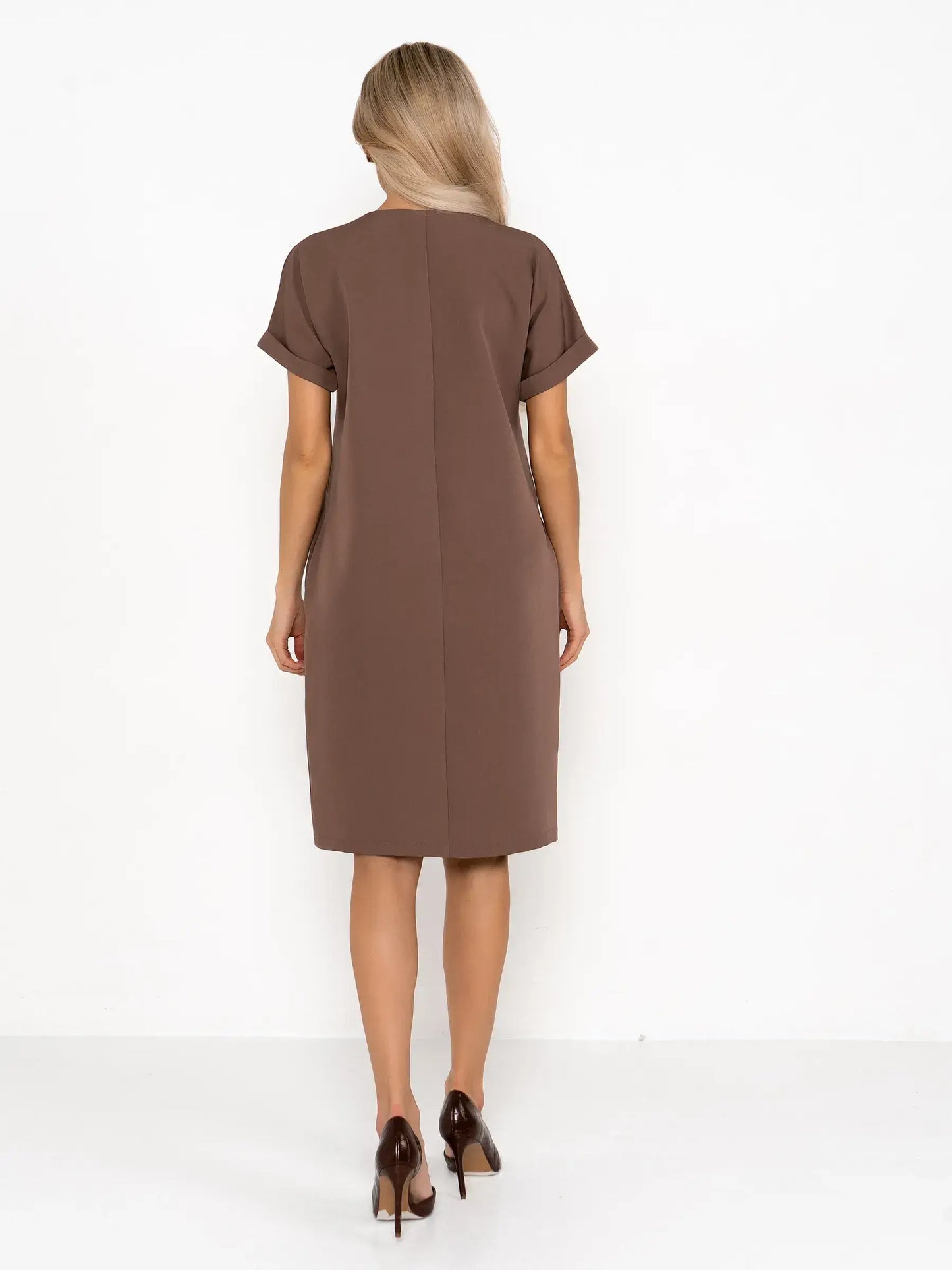 Back view of the Mocha Frame mini dress in rich taupe, perfect for summer and various formal occasions.