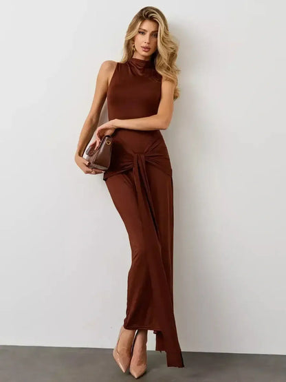 Mocha Muse Maxi Dress by Lauven, showcasing a sculptural fit with draped elegance in a warm earthy tone.