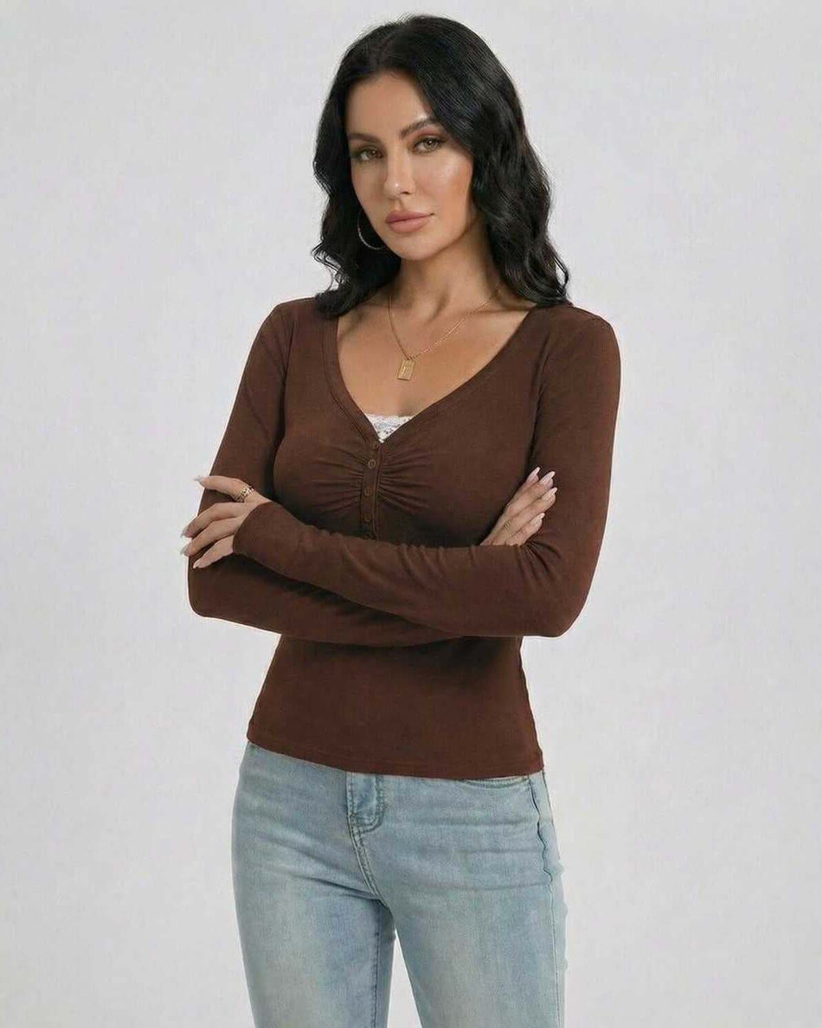 Lauven Mocha Pullover – Women's Slim Fit V-Neck Long Sleeve with Button Detail, styled casually.