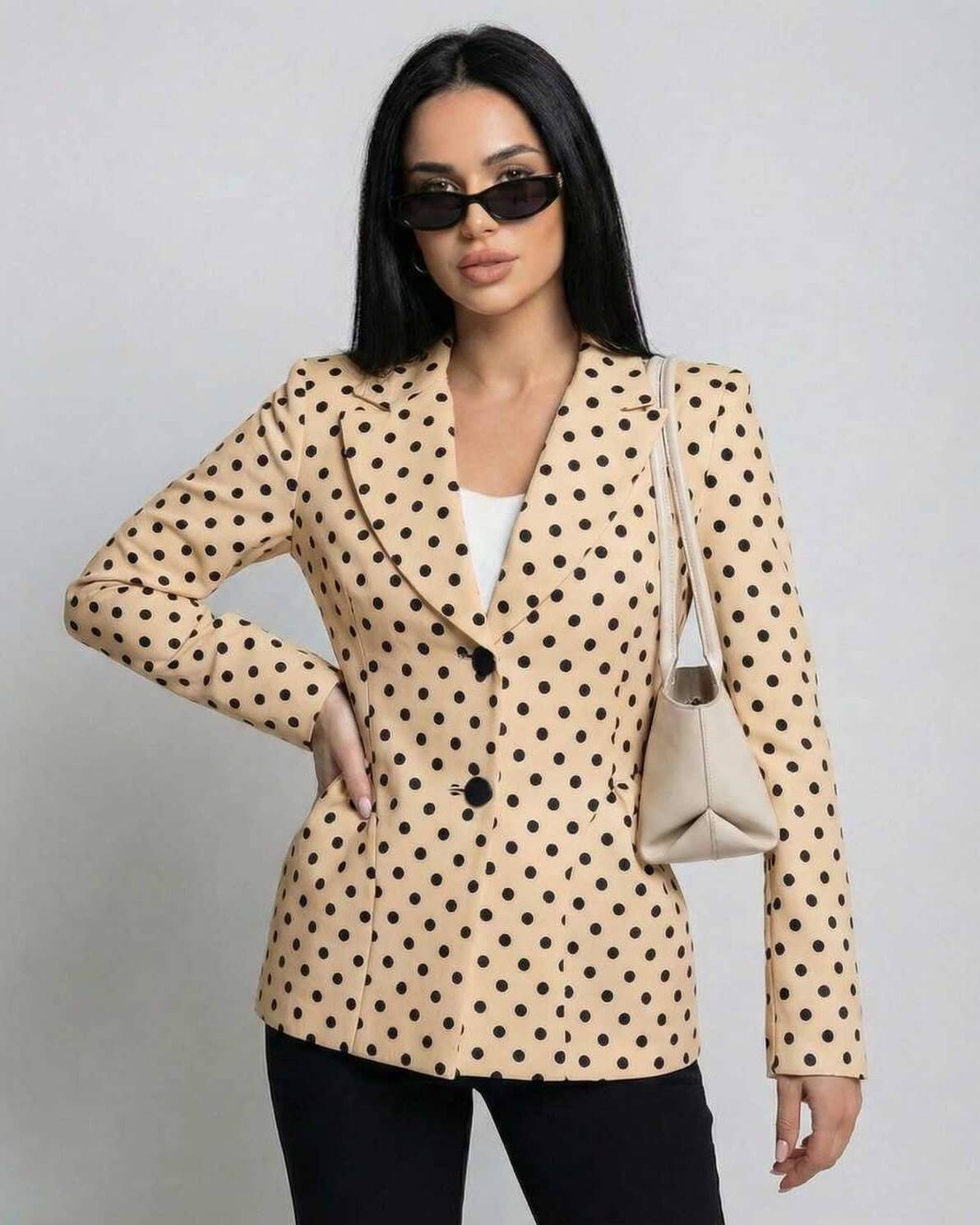 Monaco Jacket by Lauven, featuring a slim fit design with a beige and black polka dot pattern for elegant workwear.