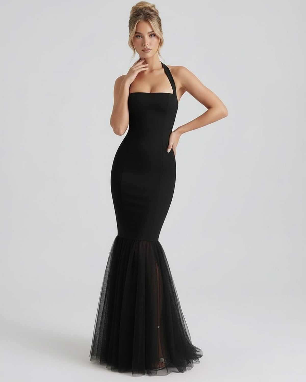Monaco Maxi Dress by Lauven, black bodycon style, halter neck, sleeveless, tulle hem for elegant movement.