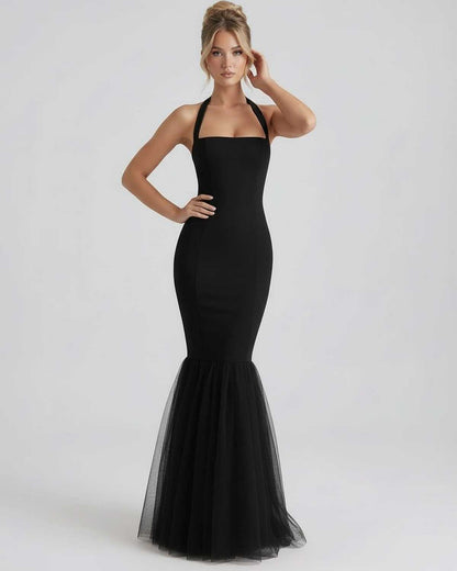 Monaco Maxi Dress featuring a halter neck, sleek bodycon fit, and tulle hem, by Lauven.