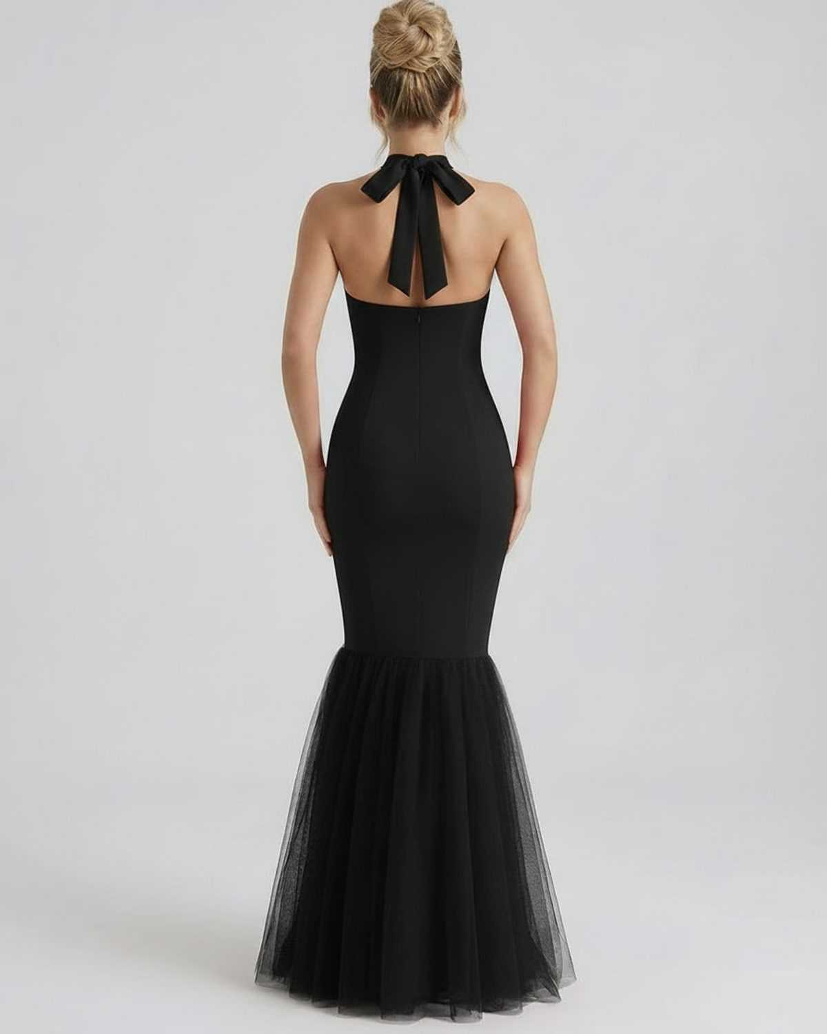 Monaco Maxi Dress black sleek bodycon design with tulle hem, elegant halter neck from Lauven.
