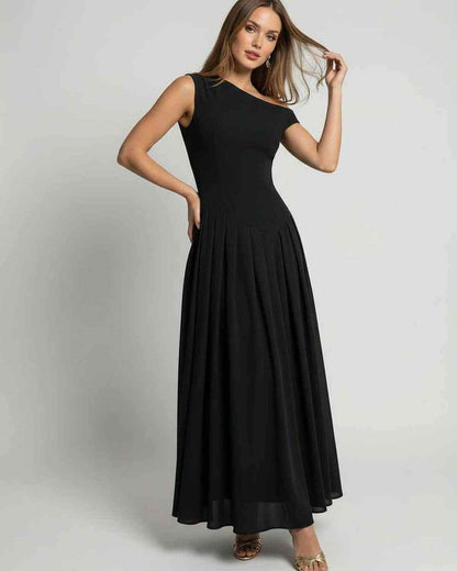 Monaco Maxi Dress – Elegant black one shoulder A-line dress by Lauven, showcasing refined movement and a modern look.
