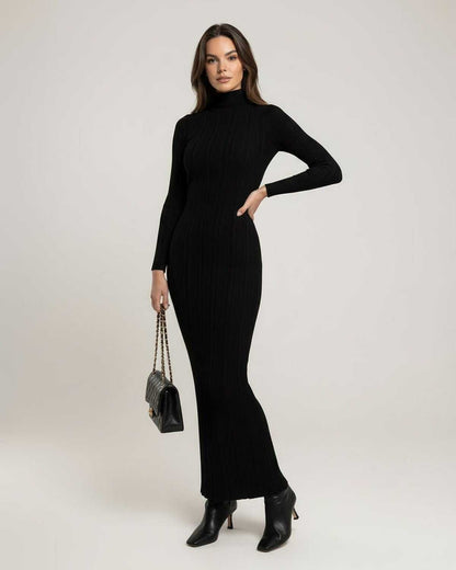 Monaco Maxi Dress - Black ribbed knit maxi dress with turtleneck, featuring a sleek silhouette by Lauven.