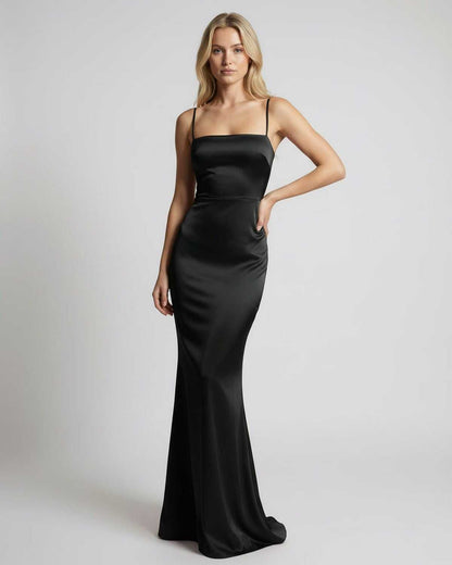 Monaco Maxi Dress by Lauven, elegant black satin dress with spaghetti straps and sleek silhouette.