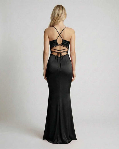Monaco Maxi Dress back view, black satin with spaghetti straps and open back detail by Lauven.