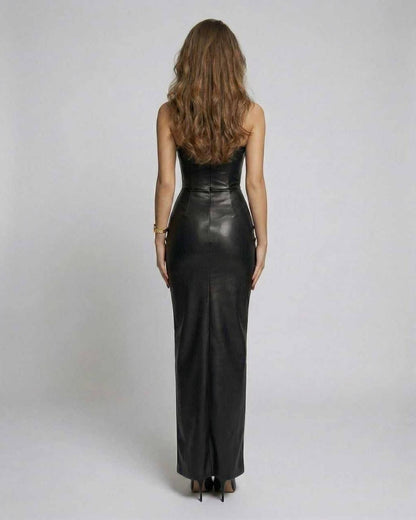 Monaco Maxi Dress - Black strapless dress with sculpted leather-look finish, showcasing a sleek silhouette by Lauven.