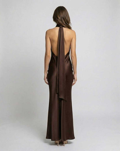 Monaco Maxi Dress, brown satin maxi dress with halter neck and open back, by Lauven.
