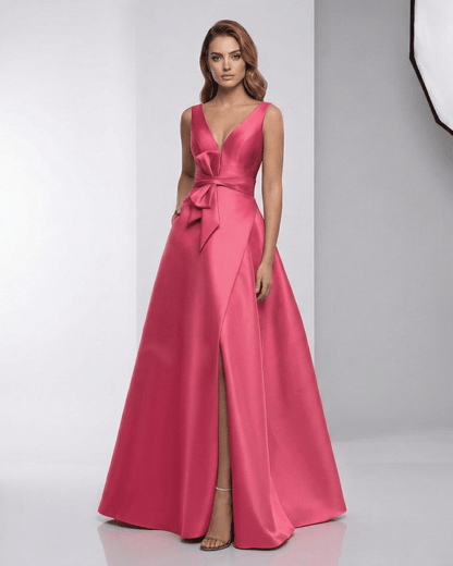 Monaco Maxi Dress in pink satin, A-line V-neck evening gown with a sleek silhouette, by Lauven.