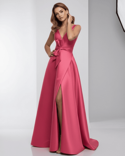 Monaco Maxi Dress - Pink Satin A-Line V-Neck Evening Dress by Lauven, elegant silhouette and refined finish.