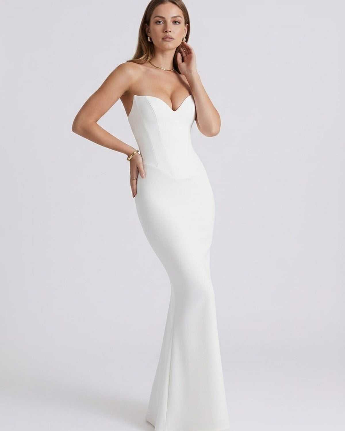 Monaco Maxi Dress: White strapless design, sweetheart neckline, mermaid silhouette, by Lauven for elegant occasions.