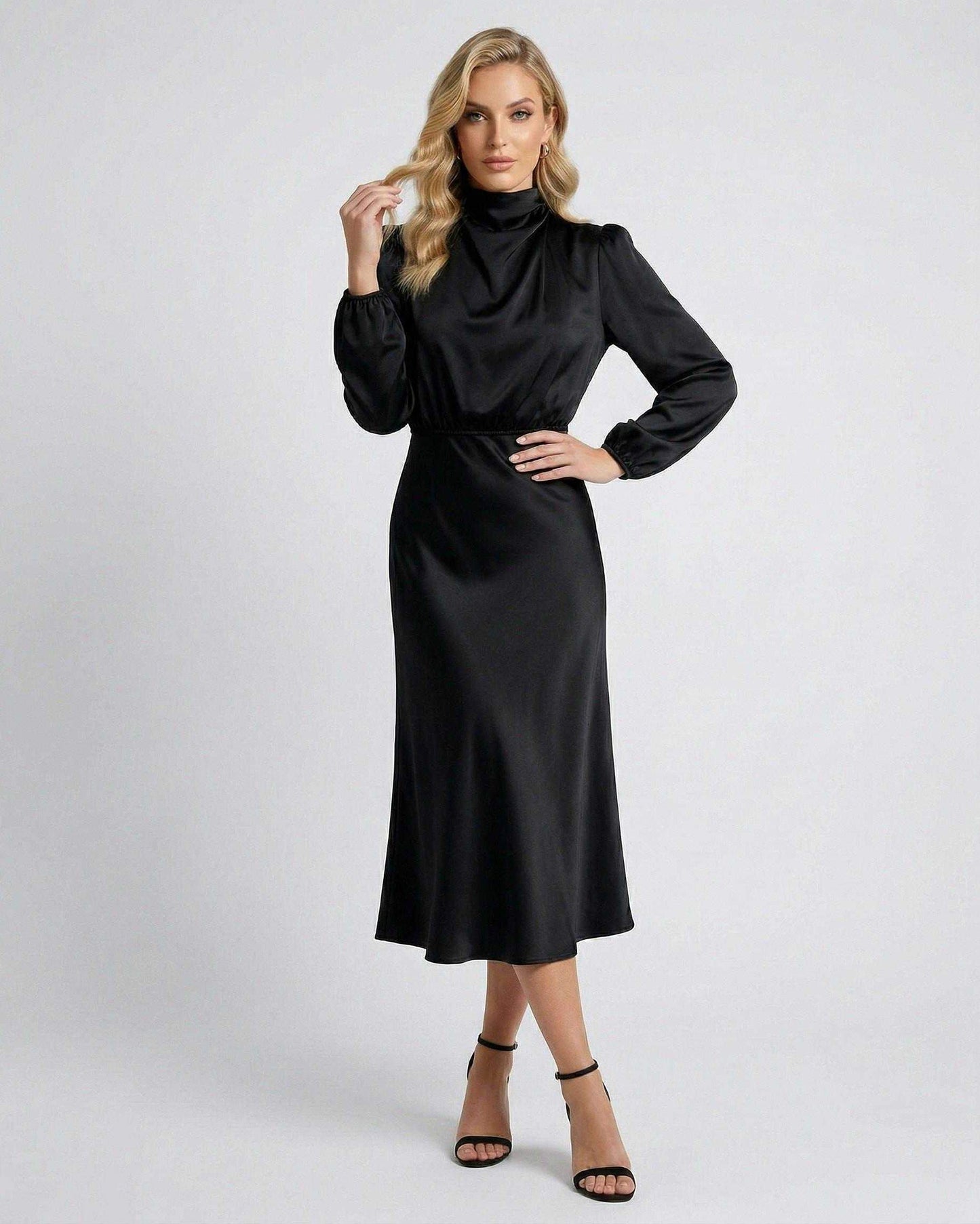 Lauven Monaco Midi Dress in black satin, featuring a high neck and long sleeves for elegant style.
