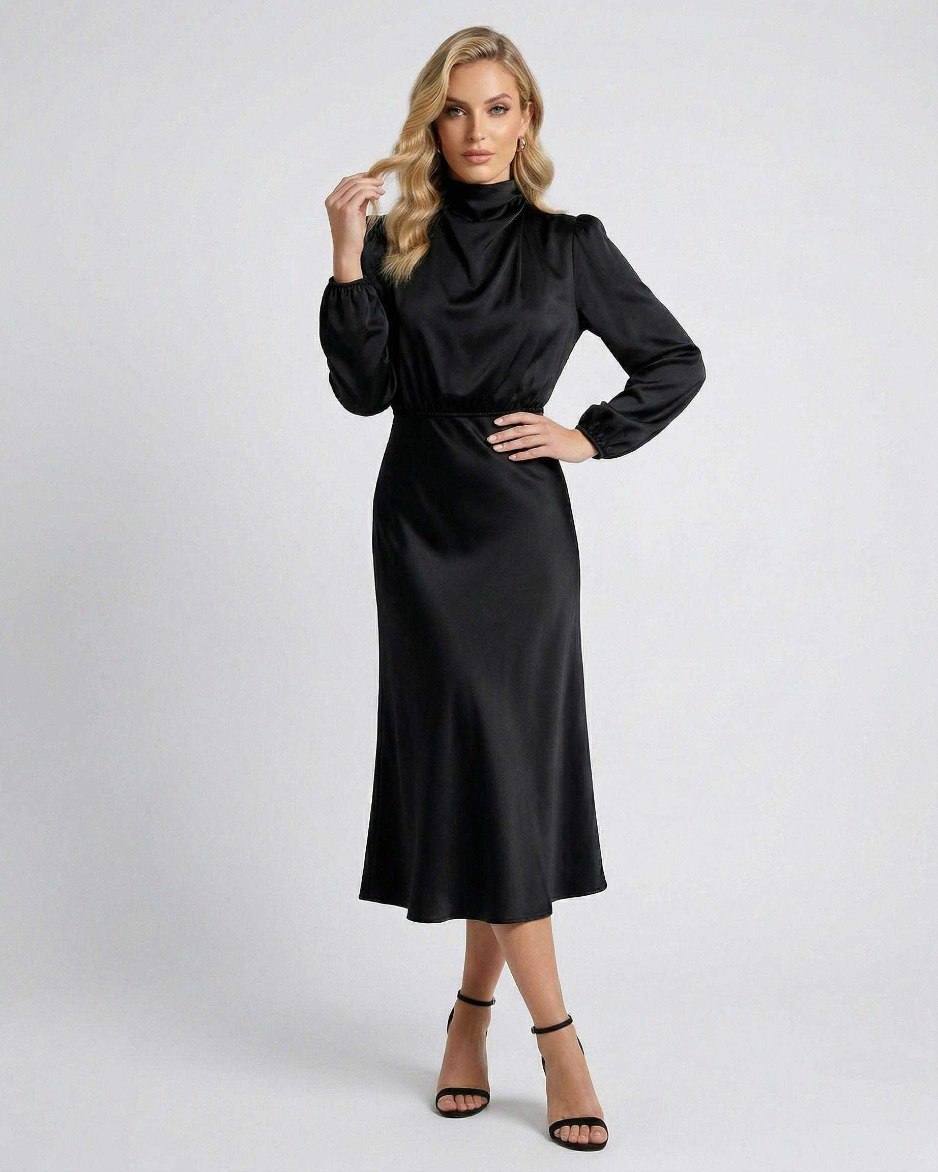 Lauven Monaco Midi Dress in black satin, featuring a high neck and long sleeves for elegant style.
