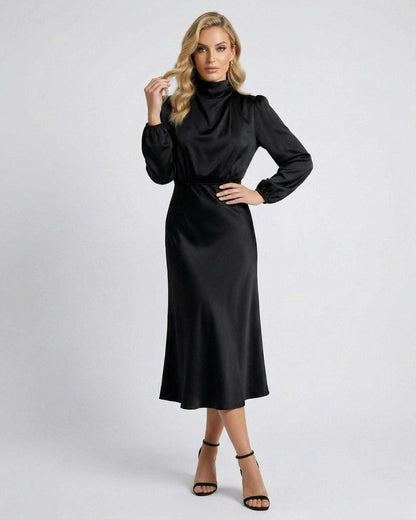Lauven Monaco Midi Dress in black satin, featuring a high neck and long sleeves for elegant style.