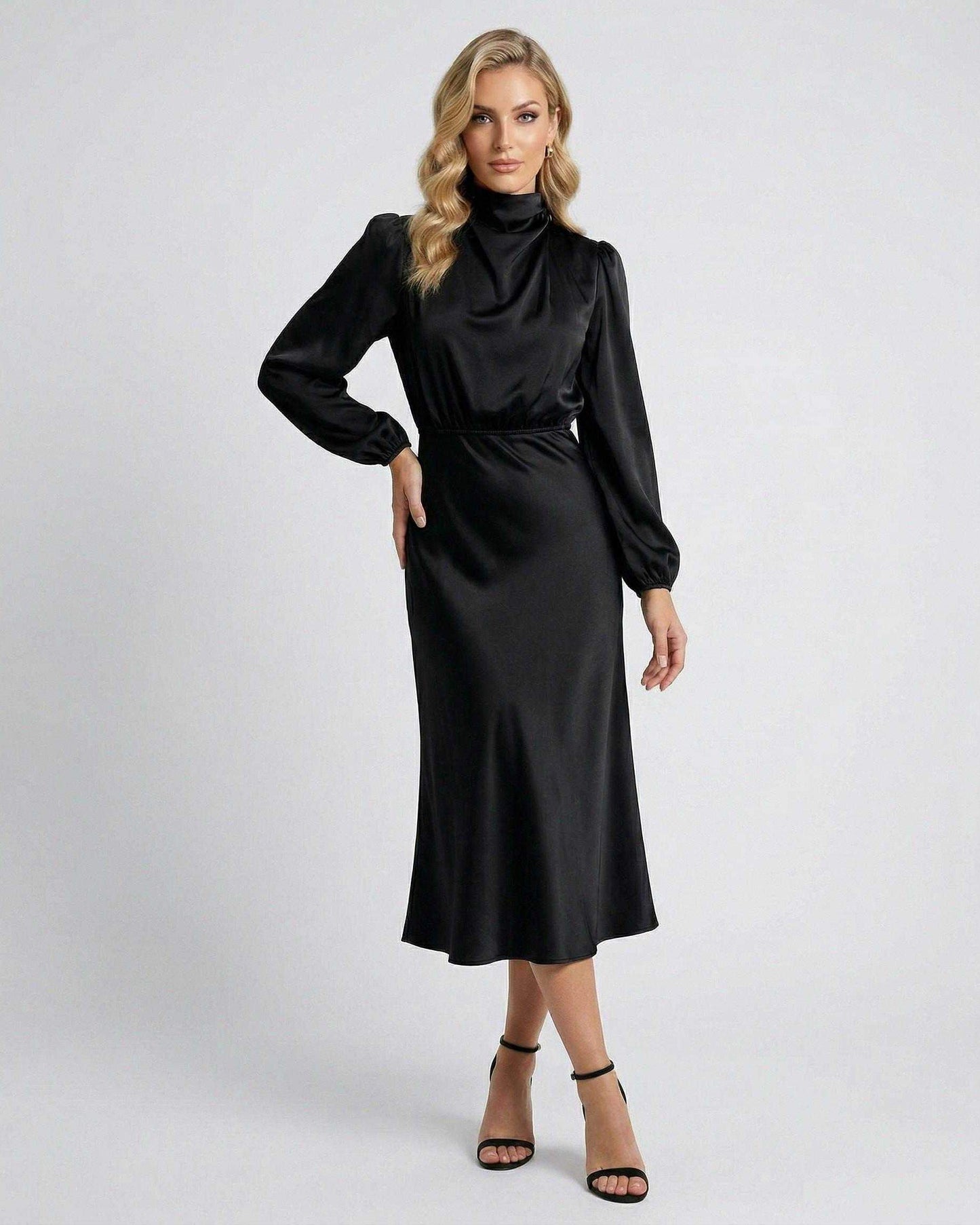 Lauven Monaco Midi Dress in black satin, featuring high neck and long sleeves for elegant sophistication.