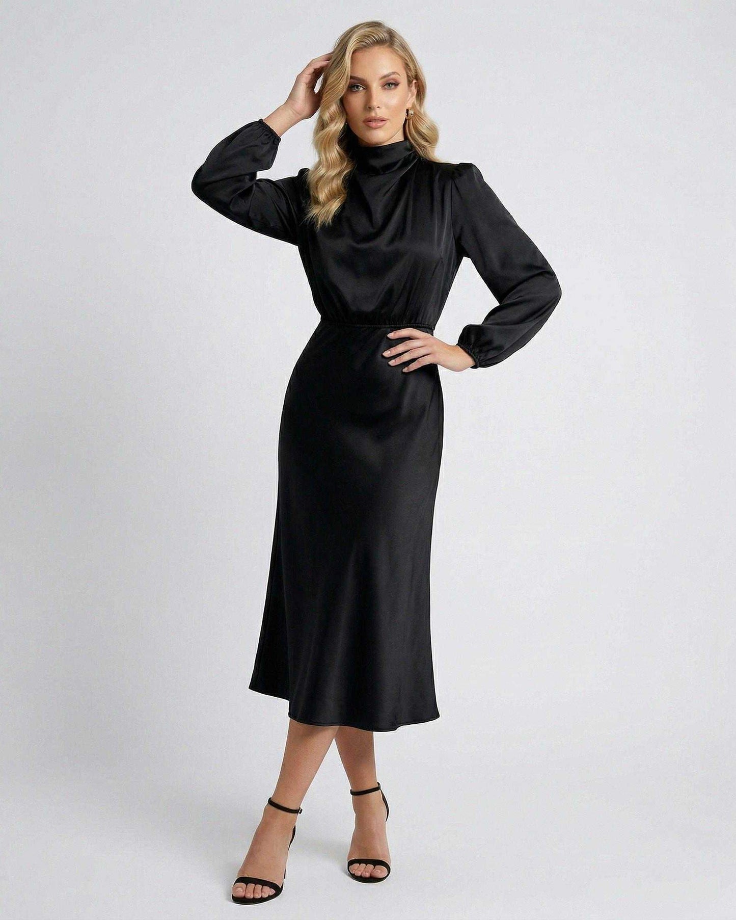 Lauven Monaco Midi Dress in black satin, high neck, long sleeves, showcasing elegance and versatility.