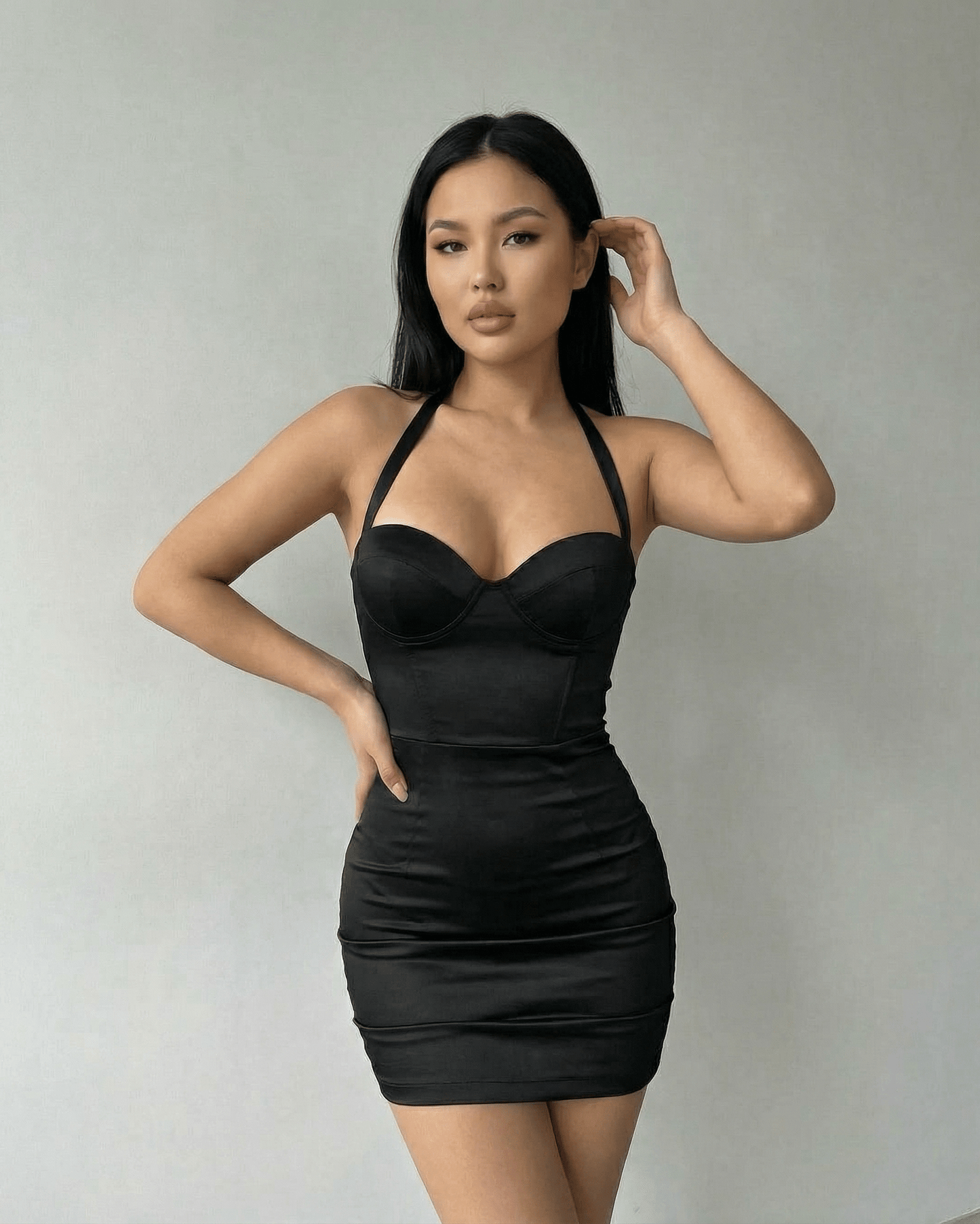 Monaco Mini Dress by Lauven - Black Satin Bodycon Halter Cocktail Mini Dress with sculpted cup detailing.