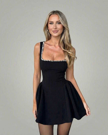 Monaco Mini Dress by Lauven — A-line mini dress with pearl-trim square neckline, sleeveless and polished finish.