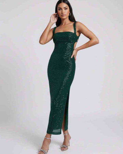 Nara Midi Dress by Lauven in Emerald Green with sequined straps and a backless design, perfect for evening wear.