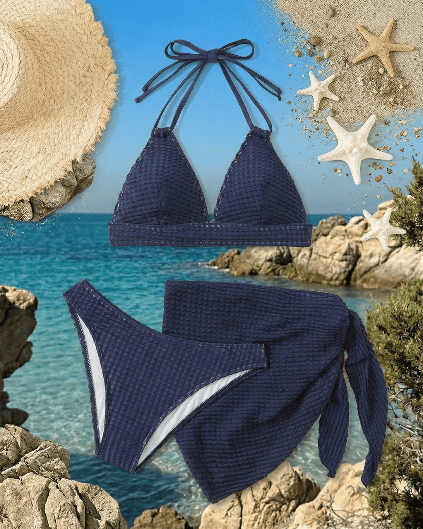 Lauven Navy Cove Swimsuit - navy three-piece swim set with wire-free triangle top and textured fabric for comfort.