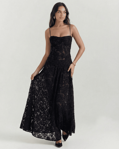 Nerina Maxi Dress by Lauven in black floral lace featuring sheer back detail and adjustable straps.