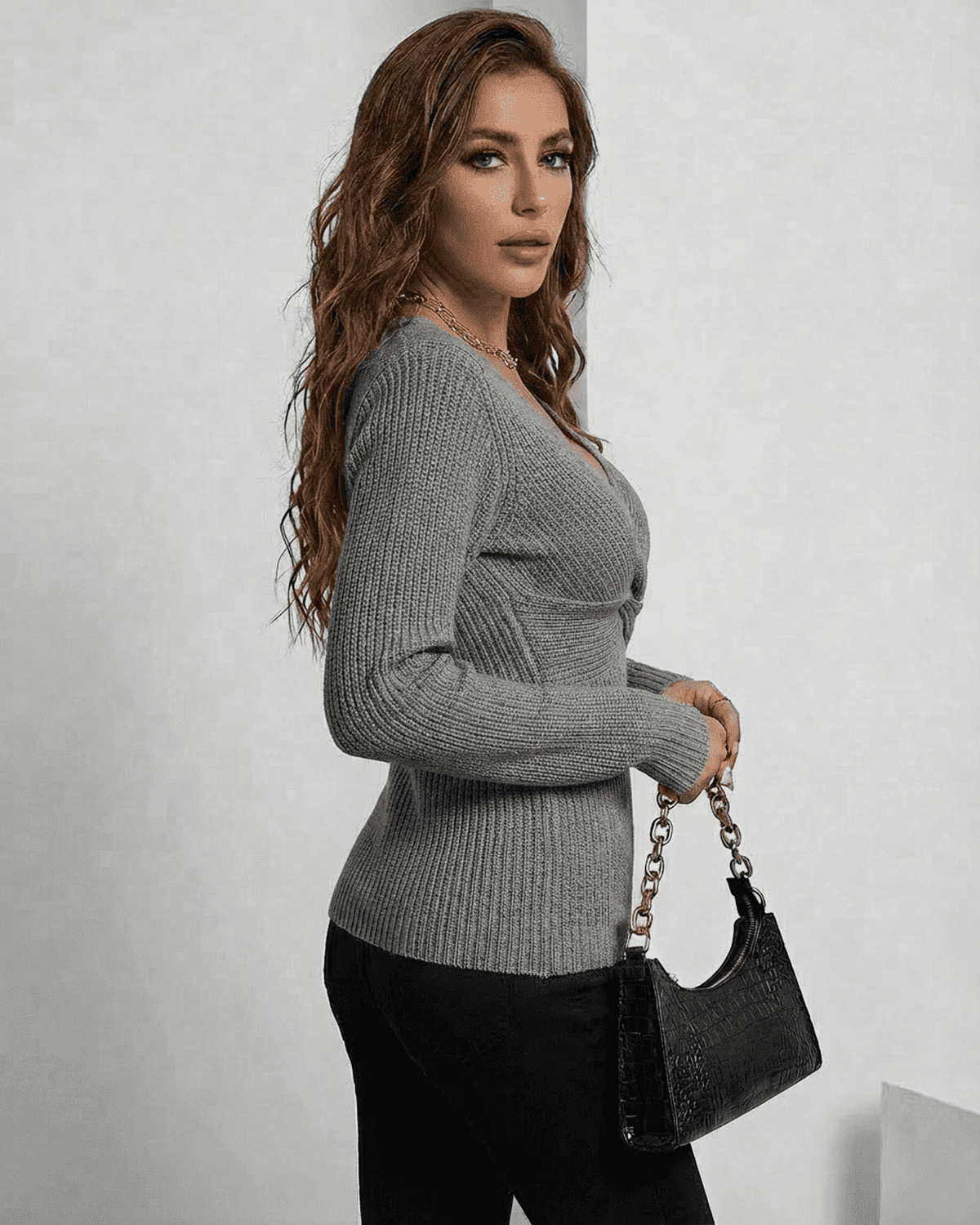Nerina Pullover by Lauven, refined ribbed slim fit V-neck sweater in elegant grey.
