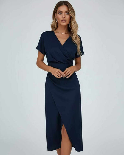 Neris Midi Dress by Lauven - Elegant navy blue wrap dress with V-neckline and flowing skirt.