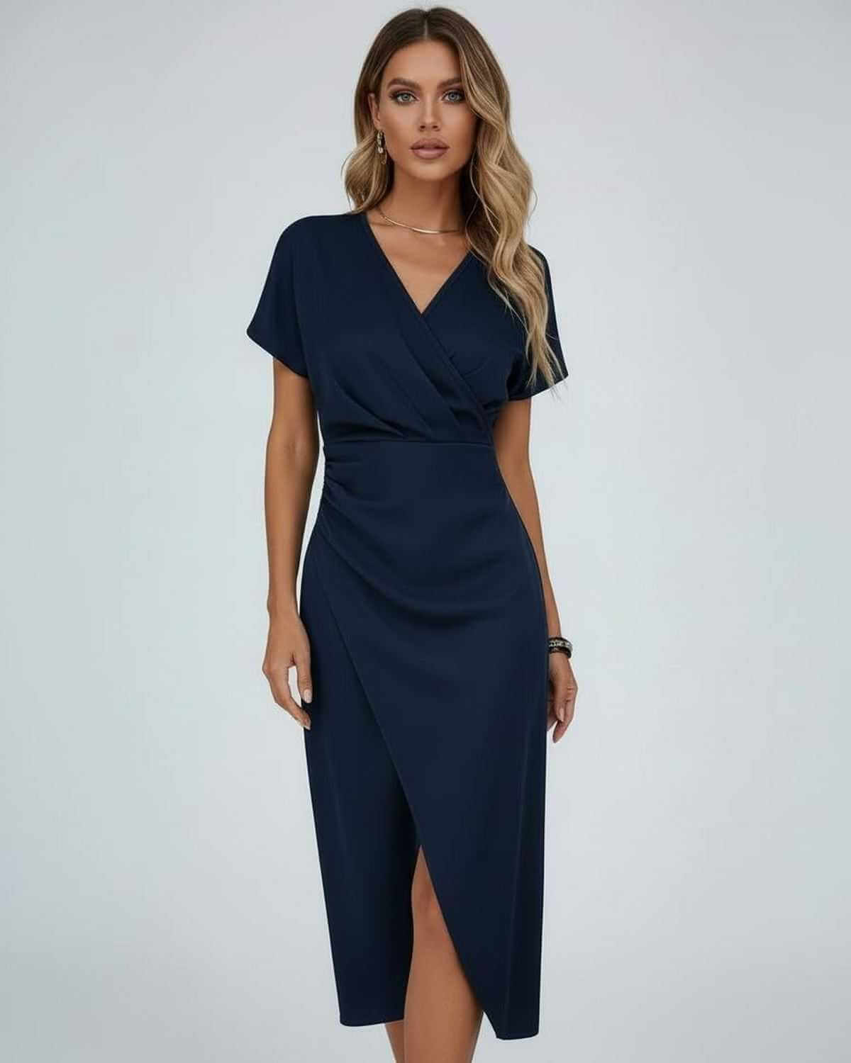 Neris Midi Dress by Lauven, classic navy blue wrap dress with V-neckline and front slit.