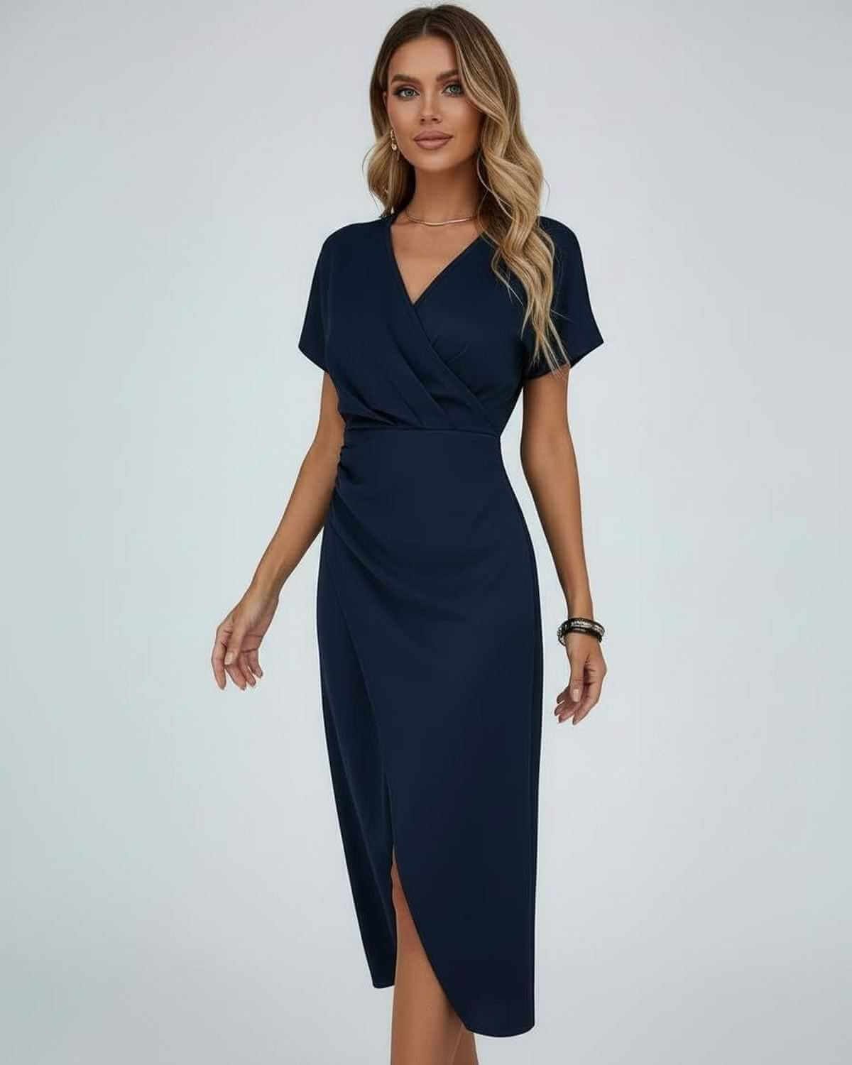 Neris Midi Dress by Lauven - Navy blue wrap dress with V-neckline and subtle front slit for elegant movement.