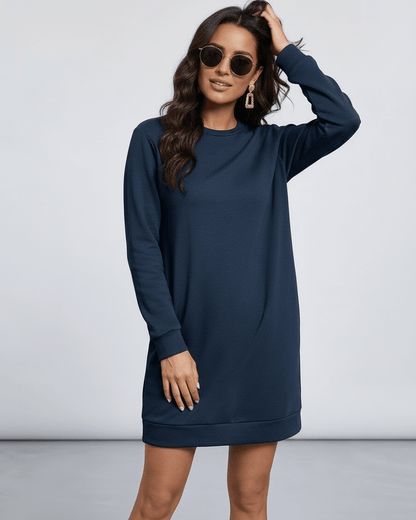 Nero Mini Dress by Lauven in deep navy color, featuring long sleeves and O neckline for casual style.