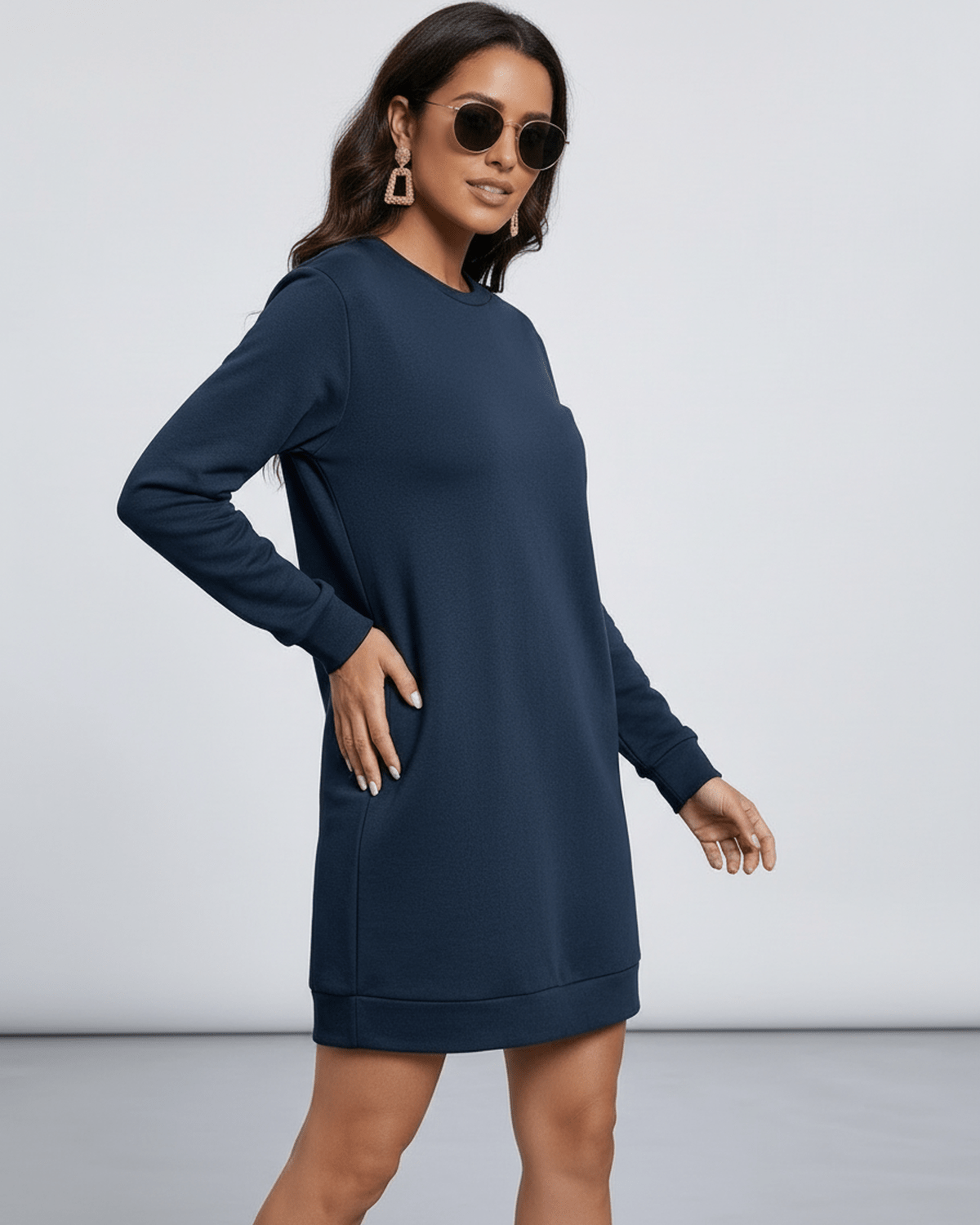 Nero Mini Dress by Lauven in deep navy, showcasing a casual O neck design and long sleeves.