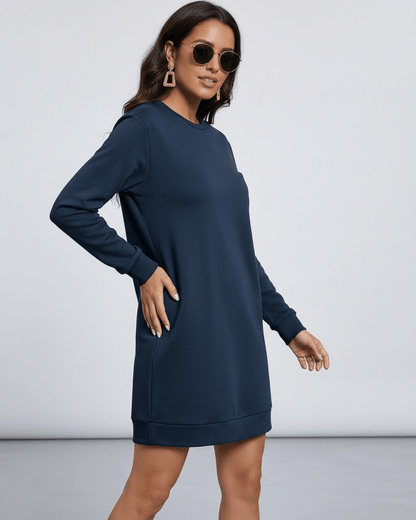 Nero Mini Dress by Lauven in deep navy, showcasing a casual O neck design and long sleeves.