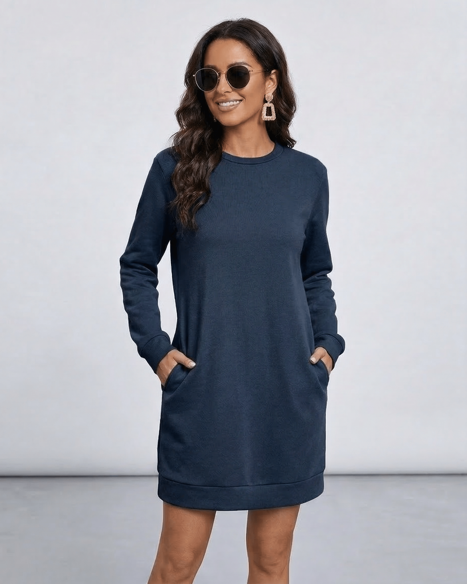 Nero Mini Dress by Lauven, deep navy casual O Neck long sleeve sweatshirt dress with pockets.