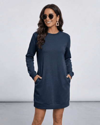 Nero Mini Dress by Lauven, deep navy casual O Neck long sleeve sweatshirt dress with pockets.
