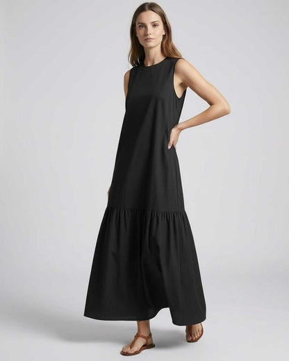 Nocta Midi Dress by Lauven, black sleeveless dress with relaxed silhouette, perfect for summer casual style.