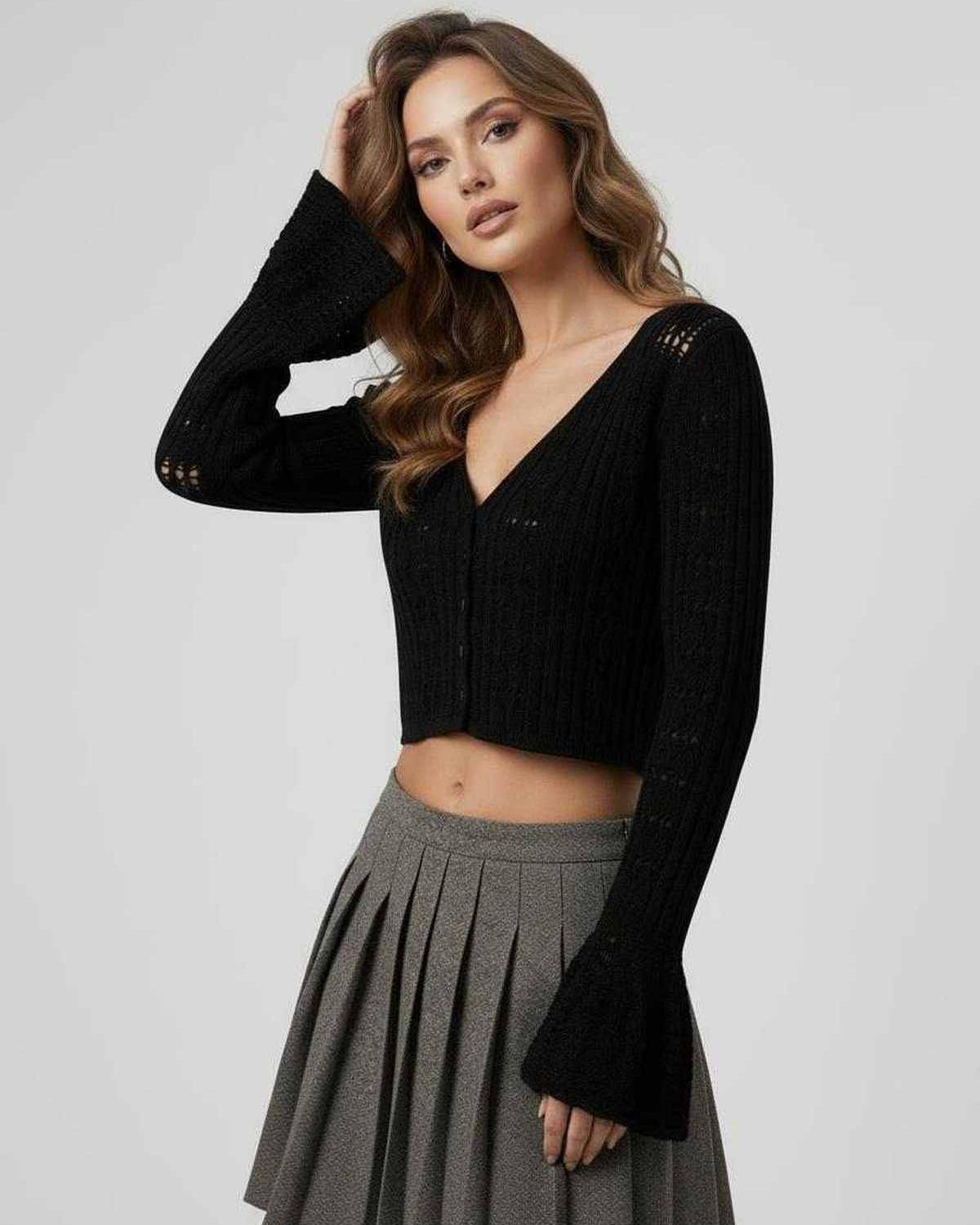 Noctra Cardigan stylish black cropped cardigan sweater by Lauven with openwork detailing, perfect for a refined look.