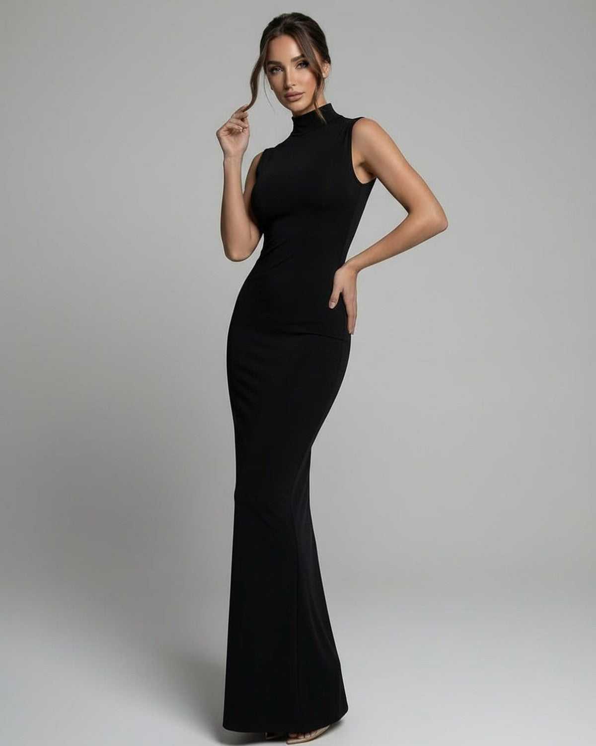 Noctra Maxi Dress - Black sleeveless maxi dress with mock neck, sleek silhouette by Lauven, perfect for modern occasionwear.