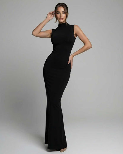 Noctra Maxi Dress - Black sleek sleeveless dress with mock neck from Lauven, offering modern elegance and a fitted silhouette.