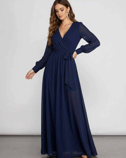 Noctra Maxi Dress in navy chiffon, featuring a wrap V-neckline and long sleeves for elegant eveningwear by Lauven.