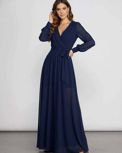 Noctra Maxi Dress in navy chiffon, long sleeve, V-neckline, elegant eveningwear by Lauven.