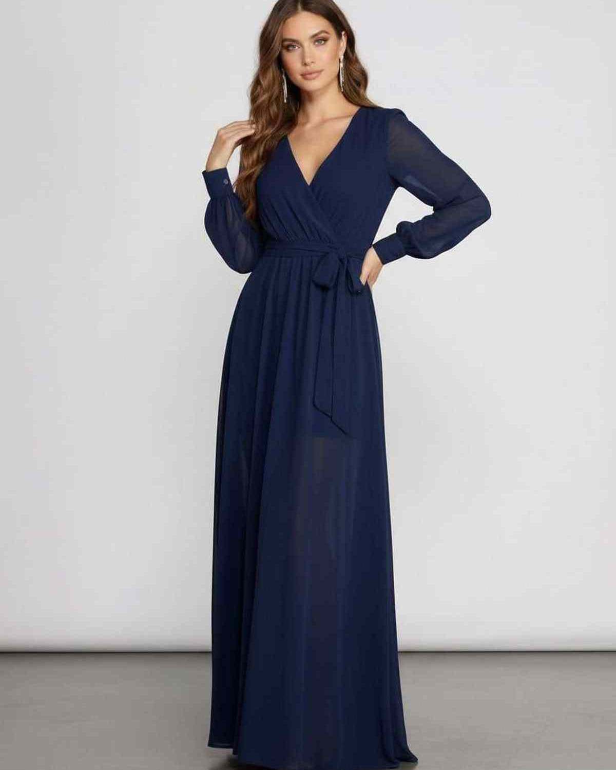 Noctra Maxi Dress in navy chiffon, long sleeve wrap V-neckline, elegant A-line silhouette from Lauven.