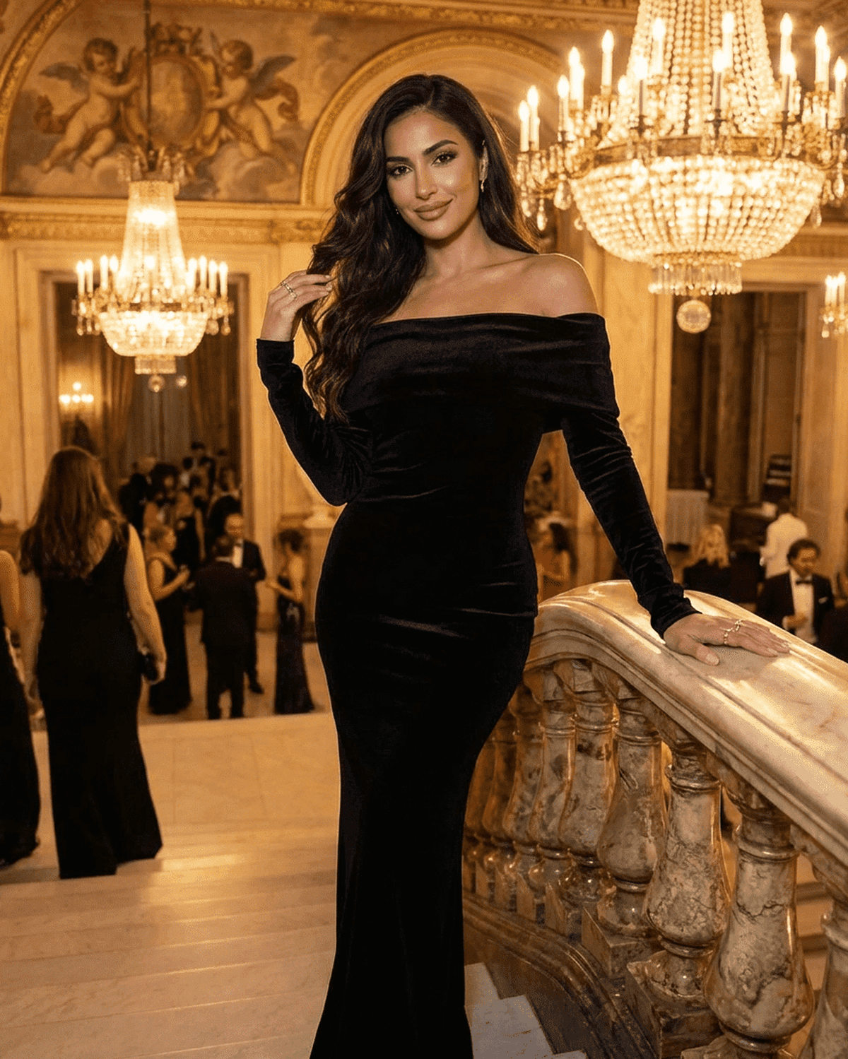 Elegant woman wearing the Noctura Maxi Dress by Lauven, off-shoulder bodycon style, at a luxurious venue.